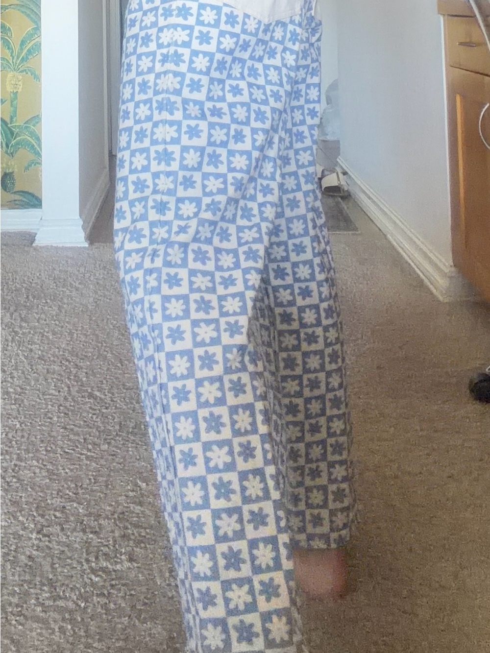 Lisa Says Gah Blue and White Checked Floral Wide-Leg Pants - Picture 3 of 5